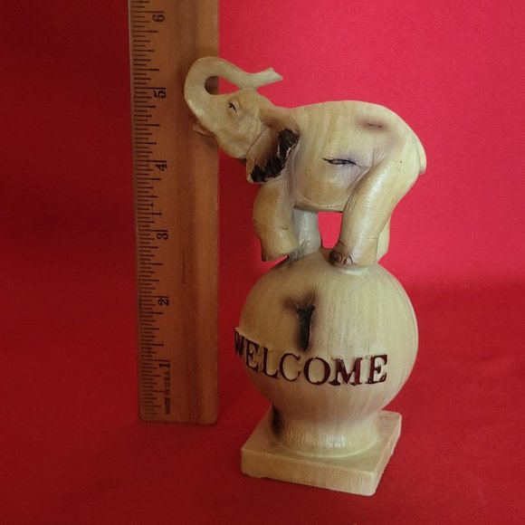 VTG Wooden Welcome Elephant  Raised Trunk Standing on a Ball Figurine Home Decor - Picture 9 of 14
